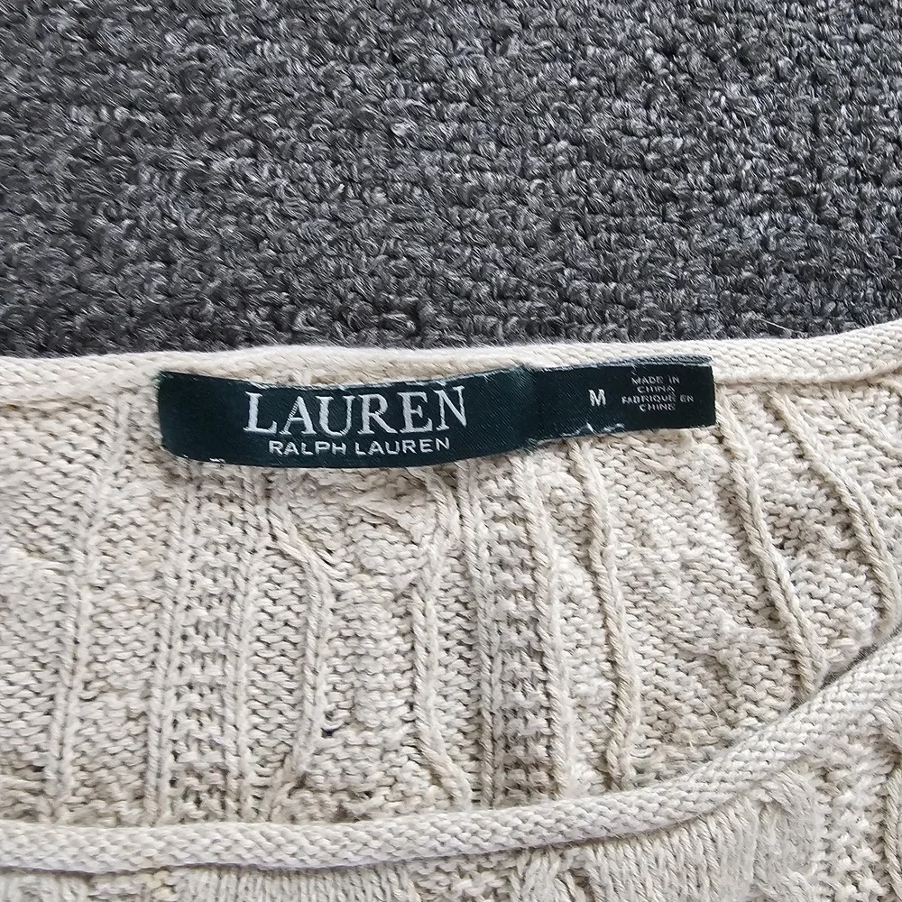 Ralph Lauren Cable Knit Sweater Womens Medium Oatmeal Scoop Neck Preppy Party‎
